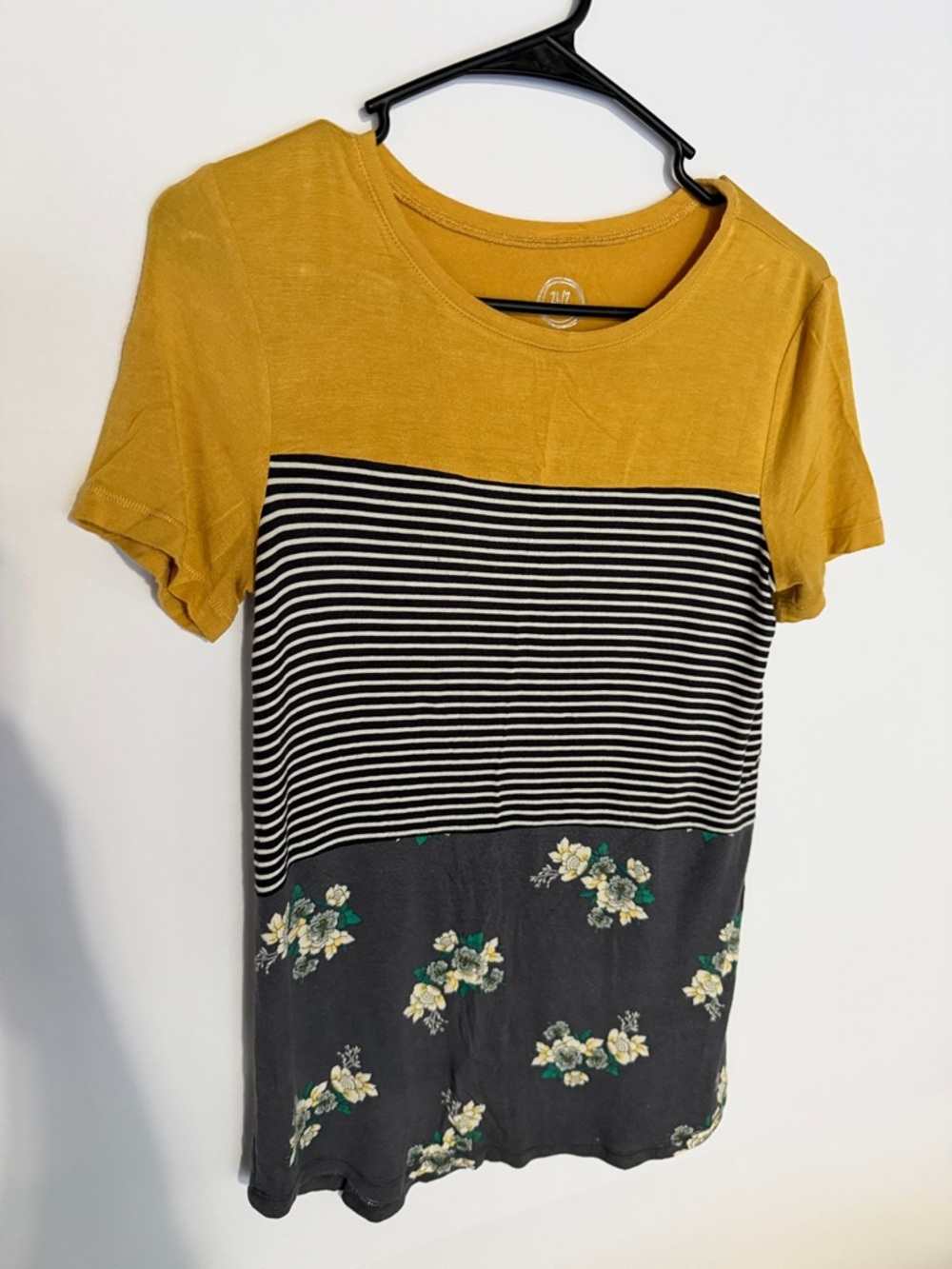 Women’s Mustard Short Sleeve Colorblock Tee with Stripes & Floral Hem
